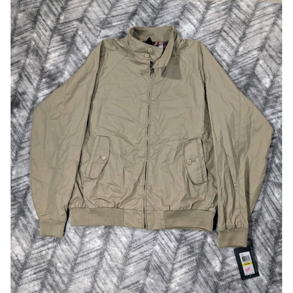 Vintage Izod Harrington Bomber Jacket Beige Full Zip Lined Chin Strap Medium NWT